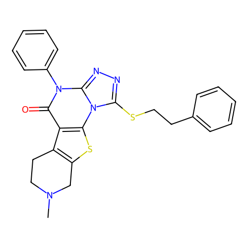 8-methyl-1-(phenethylthio)-4-phenyl-6,7,8,9-tetrahydropyrido[4',3':4,5]thieno[3,2-e][1,2,4]triazolo[4,3-a]pyrimidin-5(4H)-one structure