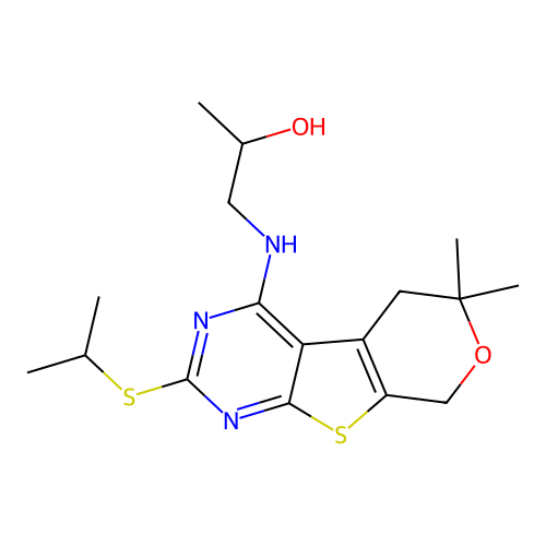 1-((2-(isopropylthio)-6,6-dimethyl-6,8-dihydro-5H-pyrano[4',3':4,5]thieno[2,3-d]pyrimidin-4-yl)amino)propan-2-ol structure