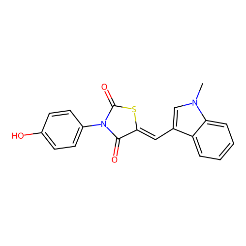 (Z)-3-(4-hydroxyphenyl)-5-((1-methyl-1H-indol-3-yl)methylene)thiazolidine-2,4-dione structure