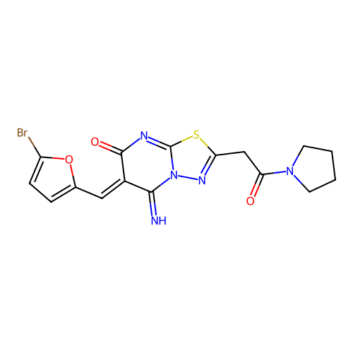 (6Z)-6-[(5-bromofuran-2-yl)methylidene]-5-imino-2-(2-oxo-2-pyrrolidin-1-ylethyl)-[1,3,4]thiadiazolo[3,2-a]pyrimidin-7-one structure