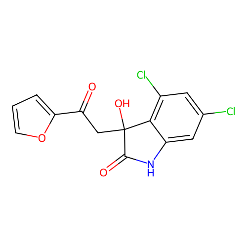 4,6-dichloro-3-[2-(furan-2-yl)-2-oxoethyl]-3-hydroxy-1,3-dihydro-2H-indol-2-one structure