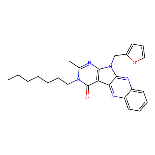 11-(furan-2-ylmethyl)-3-heptyl-2-methyl-3,11-dihydro-4H-pyrimido[5',4':4,5]pyrrolo[2,3-b]quinoxalin-4-one structure