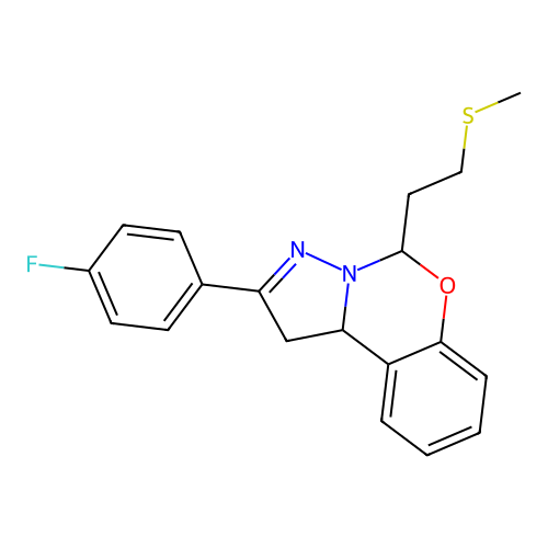 2-(4-fluorophenyl)-5-(2-(methylthio)ethyl)-5,10b-dihydro-1H-benzo[e]pyrazolo[1,5-c][1,3]oxazine structure