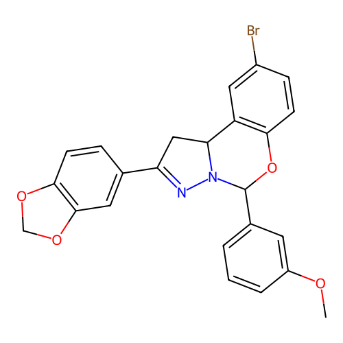 2-(1,3-benzodioxol-5-yl)-9-bromo-5-(3-methoxyphenyl)-1,10b-dihydropyrazolo[1,5-c][1,3]benzoxazine structure