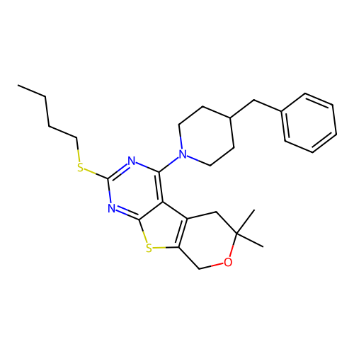 4-(4-benzylpiperidin-1-yl)-2-(butylsulfanyl)-6,6-dimethyl-5,8-dihydro-6H-pyrano[4',3':4,5]thieno[2,3-d]pyrimidine structure