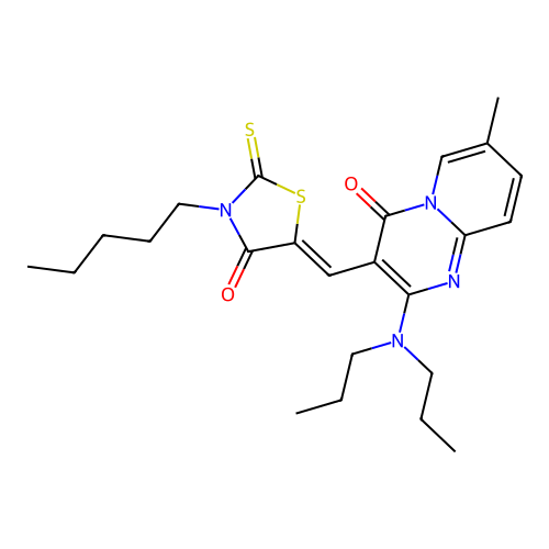 2-(dipropylamino)-7-methyl-3-[(Z)-(4-oxo-3-pentyl-2-thioxo-1,3-thiazolidin-5-ylidene)methyl]-4H-pyrido[1,2-a]pyrimidin-4-one structure