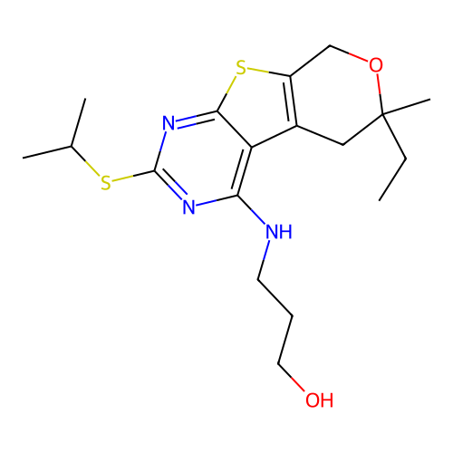 3-((6-ethyl-2-(isopropylthio)-6-methyl-6,8-dihydro-5H-pyrano[4',3':4,5]thieno[2,3-d]pyrimidin-4-yl)amino)propan-1-ol structure