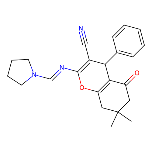 7,7-dimethyl-5-oxo-4-phenyl-2-{[(E)-pyrrolidin-1-ylmethylidene]amino}-5,6,7,8-tetrahydro-4H-chromene-3-carbonitrile structure