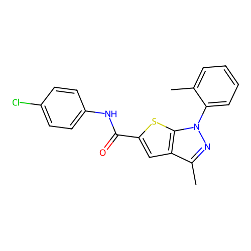 N-(4-chlorophenyl)-3-methyl-1-(2-methylphenyl)-1H-thieno[2,3-c]pyrazole-5-carboxamide structure