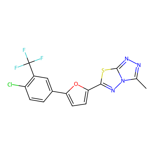 6-(5-(4-chloro-3-(trifluoromethyl)phenyl)furan-2-yl)-3-methyl-[1,2,4]triazolo[3,4-b][1,3,4]thiadiazole structure
