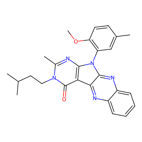 11-(2-methoxy-5-methylphenyl)-2-methyl-3-(3-methylbutyl)-3,11-dihydro-4H-pyrimido[5',4':4,5]pyrrolo[2,3-b]quinoxalin-4-one structure