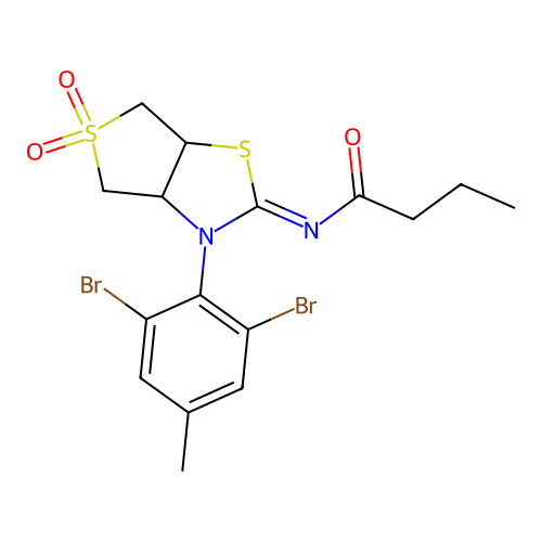 (Z)-N-(3-(2,6-dibromo-4-methylphenyl)-5,5-dioxidotetrahydrothieno[3,4-d]thiazol-2(3H)-ylidene)butyramide structure