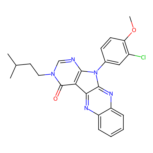 11-(3-chloro-4-methoxyphenyl)-3-(3-methylbutyl)-3,11-dihydro-4H-pyrimido[5',4':4,5]pyrrolo[2,3-b]quinoxalin-4-one structure