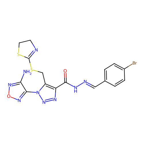 (E)-1-(4-amino-1,2,5-oxadiazol-3-yl)-N'-(4-bromobenzylidene)-5-(((4,5-dihydrothiazol-2-yl)thio)methyl)-1H-1,2,3-triazole-4-carbohydrazide structure