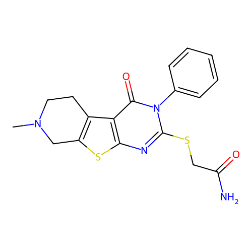 2-((7-methyl-4-oxo-3-phenyl-3,4,5,6,7,8-hexahydropyrido[4',3':4,5]thieno[2,3-d]pyrimidin-2-yl)thio)acetamide structure