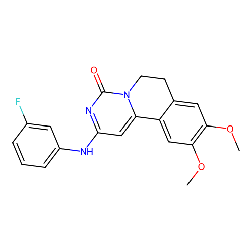 2-((3-fluorophenyl)amino)-9,10-dimethoxy-6,7-dihydro-4H-pyrimido[6,1-a]isoquinolin-4-one structure