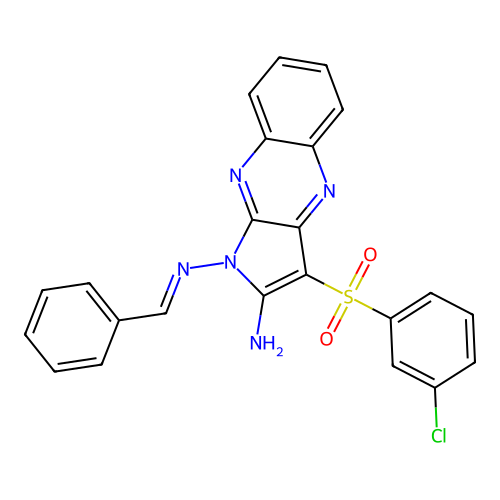 (E)-N1-benzylidene-3-((3-chlorophenyl)sulfonyl)-1H-pyrrolo[2,3-b]quinoxaline-1,2-diamine structure