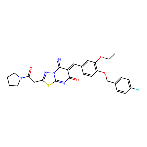(6Z)-6-[[3-ethoxy-4-[(4-fluorophenyl)methoxy]phenyl]methylidene]-5-imino-2-(2-oxo-2-pyrrolidin-1-ylethyl)-[1,3,4]thiadiazolo[3,2-a]pyrimidin-7-one structure