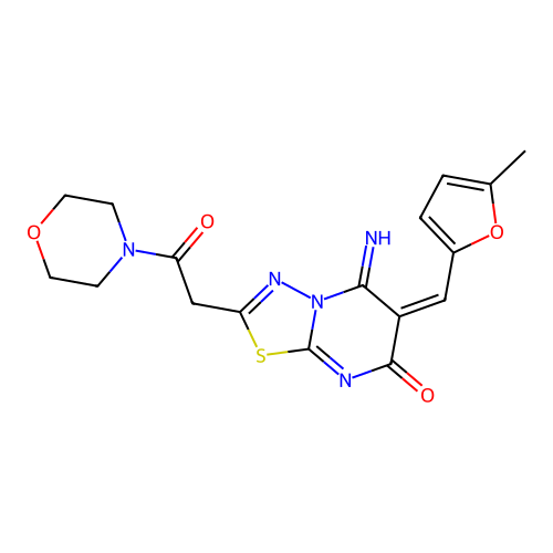 (6E)-5-imino-6-[(5-methylfuran-2-yl)methylidene]-2-(2-morpholin-4-yl-2-oxoethyl)-[1,3,4]thiadiazolo[3,2-a]pyrimidin-7-one structure