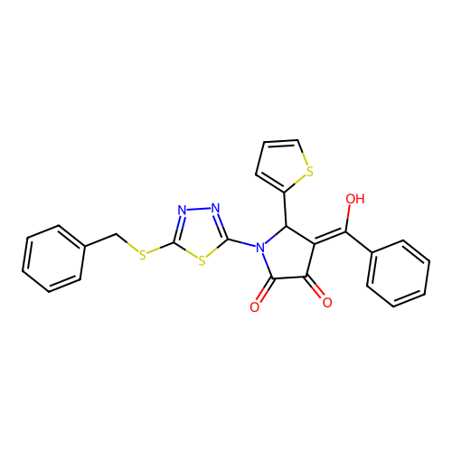 (4E)-1-(5-benzylsulfanyl-1,3,4-thiadiazol-2-yl)-4-[hydroxy(phenyl)methylidene]-5-thiophen-2-ylpyrrolidine-2,3-dione structure