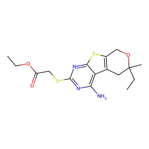 ethyl [(4-amino-6-ethyl-6-methyl-5,8-dihydro-6H-pyrano[4',3':4,5]thieno[2,3-d]pyrimidin-2-yl)sulfanyl]acetate structure