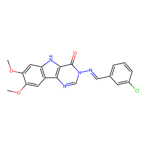 (E)-3-((3-chlorobenzylidene)amino)-7,8-dimethoxy-3H-pyrimido[5,4-b]indol-4(5H)-one structure