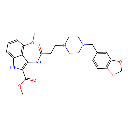 methyl 3-({3-[4-(1,3-benzodioxol-5-ylmethyl)piperazin-1-yl]propanoyl}amino)-4-methoxy-1H-indole-2-carboxylate structure