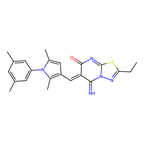 (6Z)-6-[[1-(3,5-dimethylphenyl)-2,5-dimethylpyrrol-3-yl]methylidene]-2-ethyl-5-imino-[1,3,4]thiadiazolo[3,2-a]pyrimidin-7-one structure