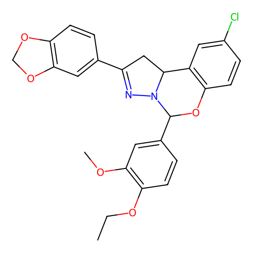 2-(1,3-benzodioxol-5-yl)-9-chloro-5-(4-ethoxy-3-methoxyphenyl)-1,10b-dihydropyrazolo[1,5-c][1,3]benzoxazine structure