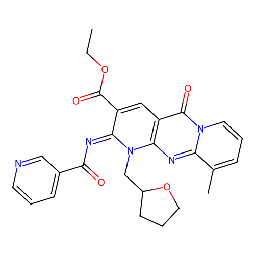 (Z)-ethyl 10-methyl-2-(nicotinoylimino)-5-oxo-1-((tetrahydrofuran-2-yl)methyl)-2,5-dihydro-1H-dipyrido[1,2-a:2',3'-d]pyrimidine-3-carboxylate structure