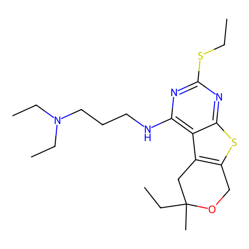 N,N-diethyl-N'-[6-ethyl-2-(ethylsulfanyl)-6-methyl-5,8-dihydro-6H-pyrano[4',3':4,5]thieno[2,3-d]pyrimidin-4-yl]propane-1,3-diamine structure