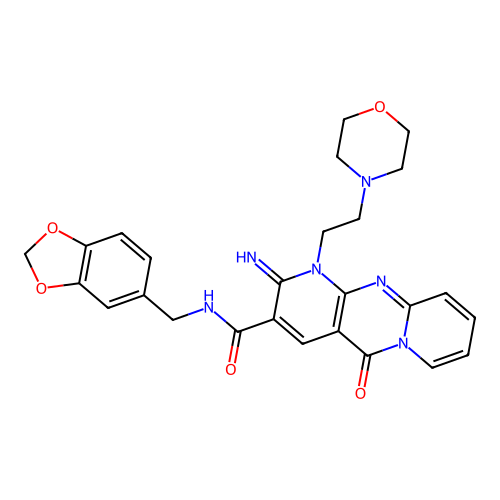 N-(2H-benzo[3,4-d]1,3-dioxolan-5-ylmethyl)[2-imino-1-(2-morpholin-4-ylethyl)-5-oxo(1,6-dihydropyridino[1,2-a]pyridino[2,3-d]pyrimidin-3-yl)]carboxamide structure