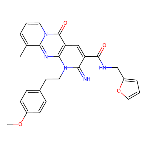 2-azanylidene-N-(furan-2-ylmethyl)-1-[2-(4-methoxyphenyl)ethyl]-10-methyl-5-oxidanylidene-dipyrido[3,4-c:1'',2''-f]pyrimidine-3-carboxamide structure