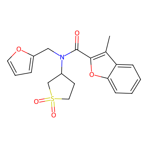 N-(1,1-dioxidotetrahydrothiophen-3-yl)-N-(furan-2-ylmethyl)-3-methyl-1-benzofuran-2-carboxamide structure