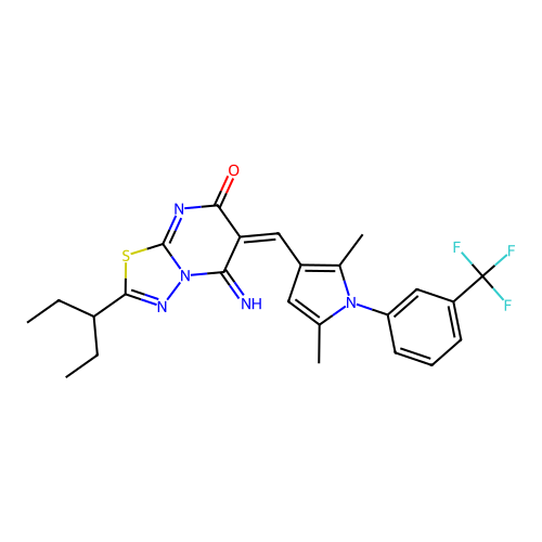 (E)-6-((2,5-dimethyl-1-(3-(trifluoromethyl)phenyl)-1H-pyrrol-3-yl)methylene)-5-imino-2-(pentan-3-yl)-5H-[1,3,4]thiadiazolo[3,2-a]pyrimidin-7(6H)-one structure