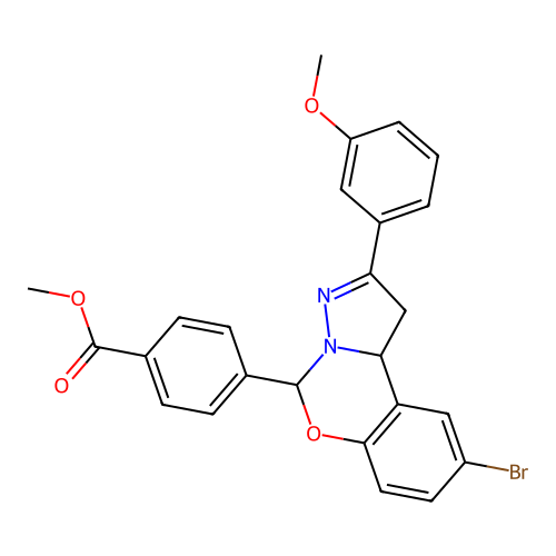methyl 4-(9-bromo-2-(3-methoxyphenyl)-5,10b-dihydro-1H-benzo[e]pyrazolo[1,5-c][1,3]oxazin-5-yl)benzoate structure