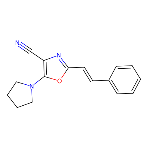 2-[(E)-2-phenylethenyl]-5-(pyrrolidin-1-yl)-1,3-oxazole-4-carbonitrile structure