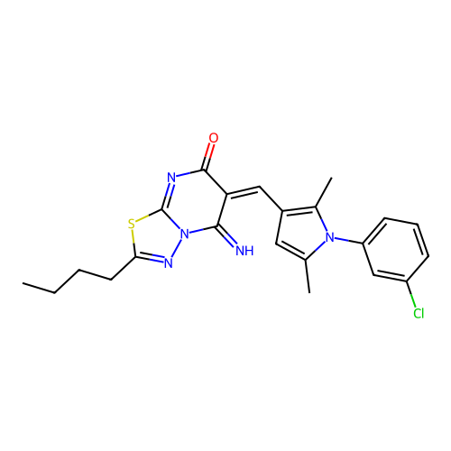 (E)-2-butyl-6-((1-(3-chlorophenyl)-2,5-dimethyl-1H-pyrrol-3-yl)methylene)-5-imino-5H-[1,3,4]thiadiazolo[3,2-a]pyrimidin-7(6H)-one structure