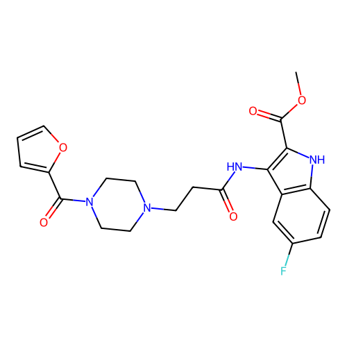 methyl 5-fluoro-3-({3-[4-(furan-2-ylcarbonyl)piperazin-1-yl]propanoyl}amino)-1H-indole-2-carboxylate structure