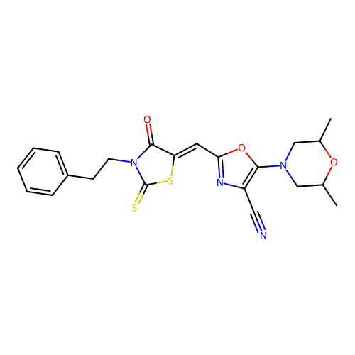 (Z)-5-(2,6-dimethylmorpholino)-2-((4-oxo-3-phenethyl-2-thioxothiazolidin-5-ylidene)methyl)oxazole-4-carbonitrile structure