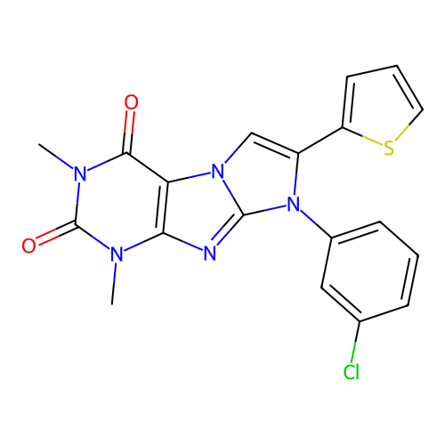 6-(3-chlorophenyl)-2,4-dimethyl-7-thiophen-2-ylpurino[7,8-a]imidazole-1,3-dione structure