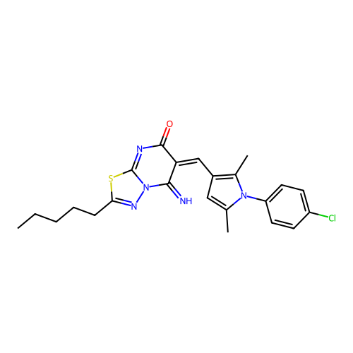 (6E)-6-[[1-(4-chlorophenyl)-2,5-dimethylpyrrol-3-yl]methylidene]-5-imino-2-pentyl-[1,3,4]thiadiazolo[3,2-a]pyrimidin-7-one structure