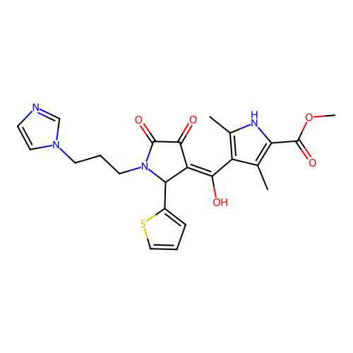 methyl 4-(1-(3-(1H-imidazol-1-yl)propyl)-4-hydroxy-5-oxo-2-(thiophen-2-yl)-2,5-dihydro-1H-pyrrole-3-carbonyl)-3,5-dimethyl-1H-pyrrole-2-carboxylate structure