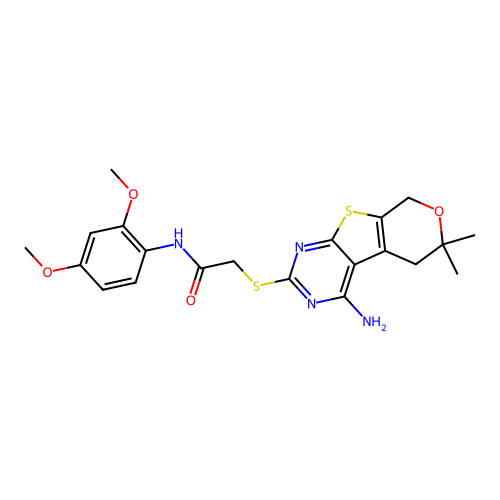 2-((4-amino-6,6-dimethyl-6,8-dihydro-5H-pyrano[4',3':4,5]thieno[2,3-d]pyrimidin-2-yl)thio)-N-(2,4-dimethoxyphenyl)acetamide structure