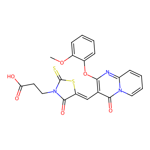 3-[(5Z)-5-{[2-(2-methoxyphenoxy)-4-oxo-4H-pyrido[1,2-a]pyrimidin-3-yl]methylidene}-4-oxo-2-thioxo-1,3-thiazolidin-3-yl]propanoic acid structure
