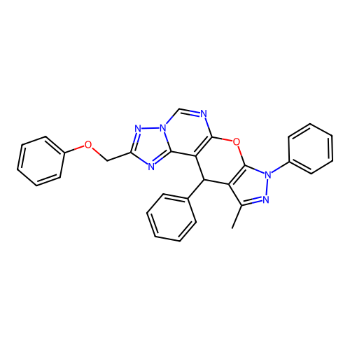 10-methyl-2-(phenoxymethyl)-8,11-diphenyl-8,11-dihydropyrazolo[4',3':5,6]pyrano[3,2-e][1,2,4]triazolo[1,5-c]pyrimidine structure