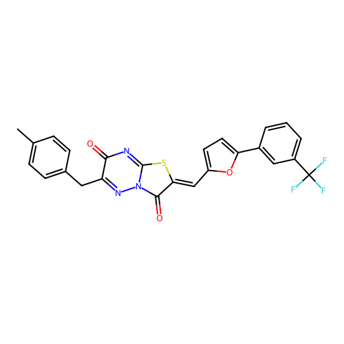 (2Z)-6-(4-methylbenzyl)-2-({5-[3-(trifluoromethyl)phenyl]furan-2-yl}methylidene)-7H-[1,3]thiazolo[3,2-b][1,2,4]triazine-3,7(2H)-dione structure