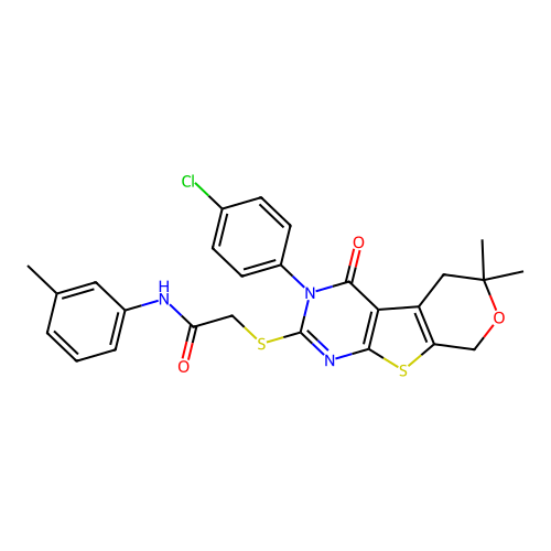 2-((3-(4-chlorophenyl)-6,6-dimethyl-4-oxo-4,5,6,8-tetrahydro-3H-pyrano[4',3':4,5]thieno[2,3-d]pyrimidin-2-yl)thio)-N-(m-tolyl)acetamide structure