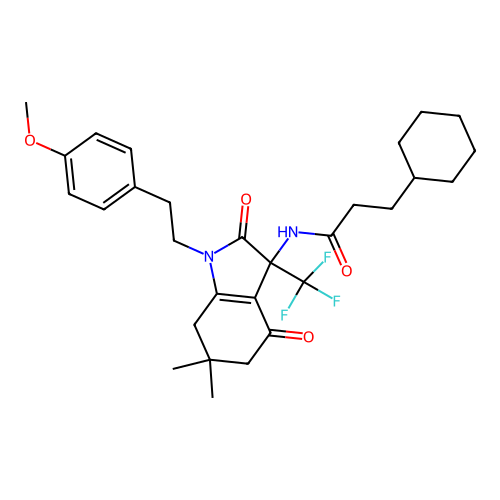 3-cyclohexyl-N-(1-(4-methoxyphenethyl)-6,6-dimethyl-2,4-dioxo-3-(trifluoromethyl)-2,3,4,5,6,7-hexahydro-1H-indol-3-yl)propanamide structure