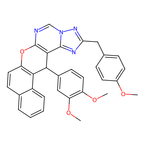 14-(3,4-dimethoxyphenyl)-2-(4-methoxybenzyl)-14H-benzo[5,6]chromeno[3,2-e][1,2,4]triazolo[1,5-c]pyrimidine structure